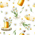 Watercolor seamless pattern with white daisy flowers illustration and oil glass bottle with cork cap on a wooden saw Royalty Free Stock Photo