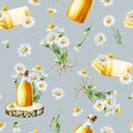 Watercolor seamless pattern with white daisy flowers illustration and oil glass bottle with cork cap on a wooden saw Royalty Free Stock Photo