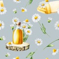 Watercolor seamless pattern with white daisy flowers illustration and oil glass bottle with cork cap on a wooden saw Royalty Free Stock Photo