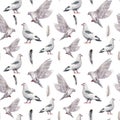 Watercolor seamless pattern with a white dove. Hand painted pigeon bird isolated on white background. Easter Royalty Free Stock Photo