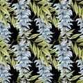 Watercolor seamless pattern of white wisteria flowers and green leaves. Hand drawn floral Illustration