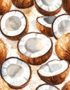 Watercolor seamless pattern with whole and half coconuts on a light background, tropical fruit illustration Royalty Free Stock Photo