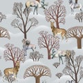 Watercolor seamless pattern. Wild animals, deer, elk, sheep, moose between winter bare trees