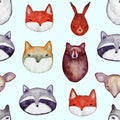 Watercolor seamless pattern with wild animals heads. Cute handrawn animals, perfect for kids apparel and textile. Vector