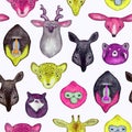 Watercolor seamless pattern with wild animals heads. Cute handrawn animals, perfect for kids apparel and textile. Vector