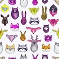 Watercolor seamless pattern with wild animals heads. Cute handrawn animals, perfect for kids apparel and textile. Vector