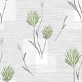 Watercolor seamless pattern of wild big green flowers on a light gray square linen background Royalty Free Stock Photo