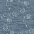 Watercolor seamless pattern of wild big turquoise flowers on a dark blue linen background -5