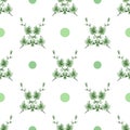 Watercolor seamless pattern of wild green flowers and green rounds on a white cell background Royalty Free Stock Photo