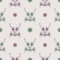 Watercolor seamless pattern of wild green and pink flowers and green and pink rounds on a beige cell background Royalty Free Stock Photo