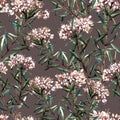 Watercolor seamless pattern with wild marsh rosemary flowers on a dark brown background