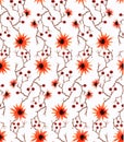 Watercolor seamless pattern with wild orange flowers, brawn branches and red berries on white background. Royalty Free Stock Photo
