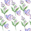 Watercolor seamless pattern of wild violet pink flowers leaves butterflies. Spring forest wood floral neutral nature Royalty Free Stock Photo