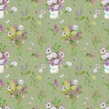 Watercolor seamless pattern with wildflower bouquets with bumble bees and butterflies. Hand drawn floral background.