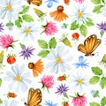 Watercolor wildflowers, daisy, clover and butterfly seamless pattern