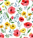 watercolor seamless pattern with wildflowers. red and yellow poppies on a white background, abstract print Royalty Free Stock Photo