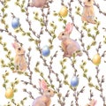 Watercolor seamless pattern with willow branches, rabbits and colorful eggs. Hand painted willow wood isolated on white Royalty Free Stock Photo