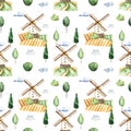 Watercolor seamless pattern with windmill, clouds, wheat fields, trees on a white background