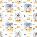 Watercolor seamless pattern with a windmill, clouds, wheat stacks, swallows on a white background