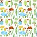 Watercolor seamless pattern of Windmill. Summer rural background. Endless repeatable print. Royalty Free Stock Photo
