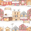 Watercolor seamless pattern with winter city with European houses, streets, Amsterdam houses, benches