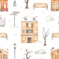 Watercolor seamless pattern with winter city with European houses, streets, trees, lanterns, snowflakes, benches Royalty Free Stock Photo
