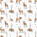 Watercolor seamless pattern with winter forest, bare trees, forest animals, elk, deer, boar, animal footprints in the snow on a