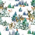 Watercolor Seamless pattern with winter forest and deers Royalty Free Stock Photo