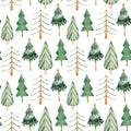 Watercolor seamless pattern of winter forest. Green holiday trees. Christmas Stylized hand-drawn illustration. Royalty Free Stock Photo