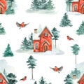 Watercolor seamless pattern with winter house, winter forest with dreams and firs, bullfinch on white background Royalty Free Stock Photo