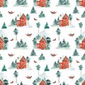 Watercolor seamless pattern with winter house, winter forest with dreams and firs, bullfinch on white background Royalty Free Stock Photo