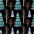 Watercolor seamless pattern with winter trees