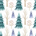 Watercolor seamless pattern with winter trees: rowan, fir-tree, bare foliar tree in cartoon style