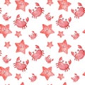 Watercolor seamless pattern wit cute and smiling red crabs and starfish. Hand-drawn illustration. Royalty Free Stock Photo