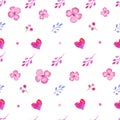 Watercolor seamless pattern withs pink flowers, branches, hearts. Hand drawing illustartion Royalty Free Stock Photo