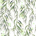 Watercolor seamless pattern witn eucalyptus branch and butterfly. Hand drawn illustration.