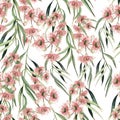 Watercolor seamless pattern witn eucalyptus branch. Hand drawn illustration.