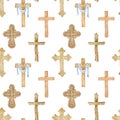 Watercolor seamless pattern of wooden Christian crosses. Church crosses. Abstract religion symbol. Crosses background