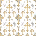 Watercolor seamless pattern of wooden Christian crosses woth pussy willow branches. Church crosses. Crosses background