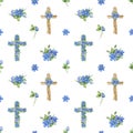 Watercolor seamless pattern with wooden and floral crosses decorated with flowers. First spring flowers - hepatica