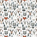 Watercolor seamless pattern with woodland animals - deer, raccoons, fox and bears, along with trees and hearts