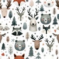 Watercolor seamless pattern with woodland animals - deer, raccoons, fox and bears, along with trees and hearts, isolated on white