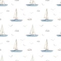 Watercolor seamless pattern with yacht, sailboat, sea, seagulls, clouds on a white background, nautical pattern