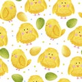 Watercolor seamless pattern, yellow easter chickens with eggs