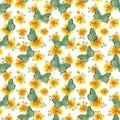 Watercolor seamless pattern of yellow flowers and green butterflies on a white background. Royalty Free Stock Photo