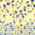 Watercolor seamless pattern yellow gray blue flowers on a yellow and gray stripes background