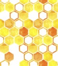 Watercolor seamless pattern. yellow honeycomb. bright print of yellow, orange, honeycomb. abstract background on the theme of beek