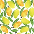 Watercolor seamless pattern with yellow mango fruits and leaves