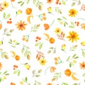 Watercolor seamless pattern with yellow, orange flowers, branches, leaves, berries. Hand drawing floral background.