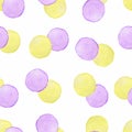 Watercolor seamless pattern yellow and violet polka dots.Seamless background for your design